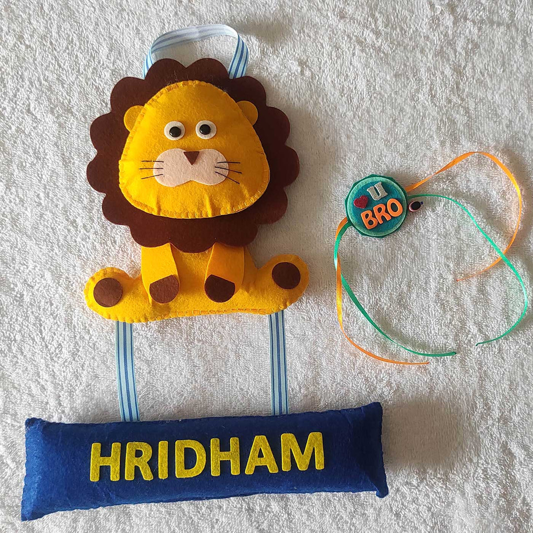 Personalized Handmade Lion Theme Felt Kids Rakhi & Name Plate Combo For Brother | Set of 2