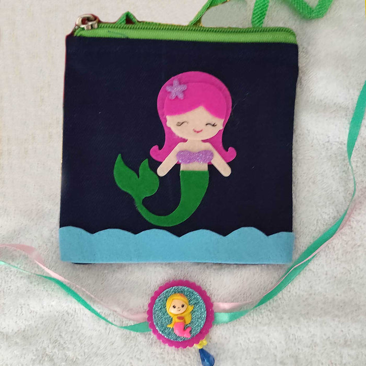 Personalized Handmade Mermaid Theme Felt Kids Rakhi & Sling Bag Combo For Sisters | Set of 2