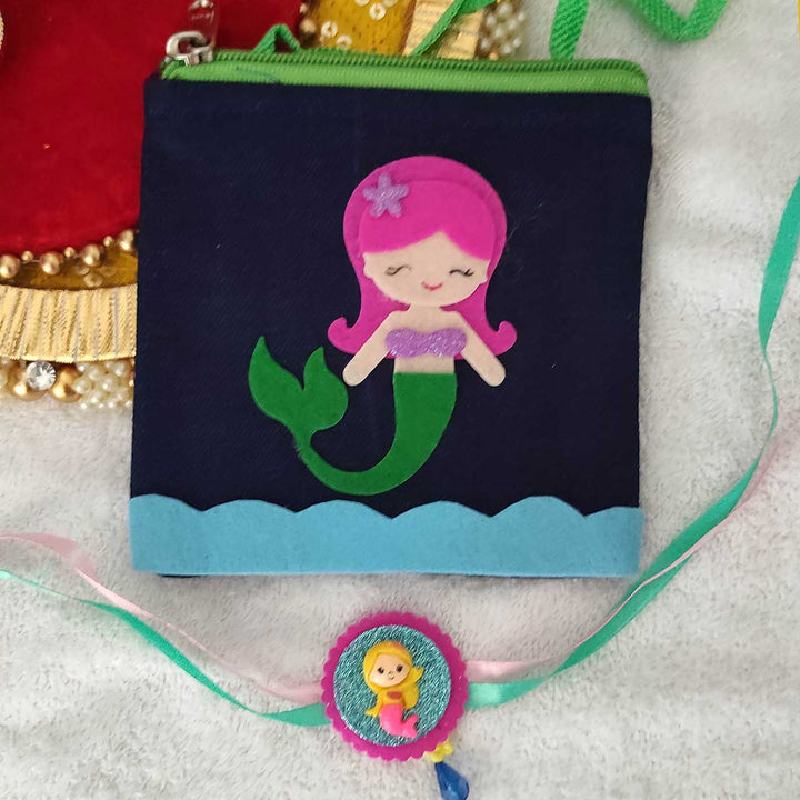 Personalized Handmade Mermaid Theme Felt Kids Rakhi & Sling Bag Combo For Sisters | Set of 2