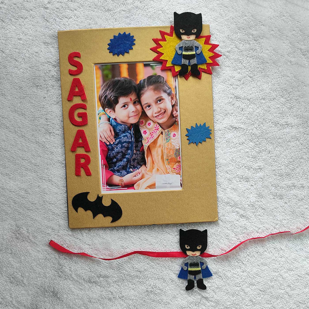 Personalized Handmade Batman Theme Felt Kids Rakhi & Photo Frame Combo For Brother | Set of 2