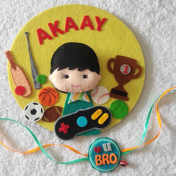 Personalized Handmade Sports Theme Felt Kids Rakhi & Name Plate Combo For Brother | Set of 2