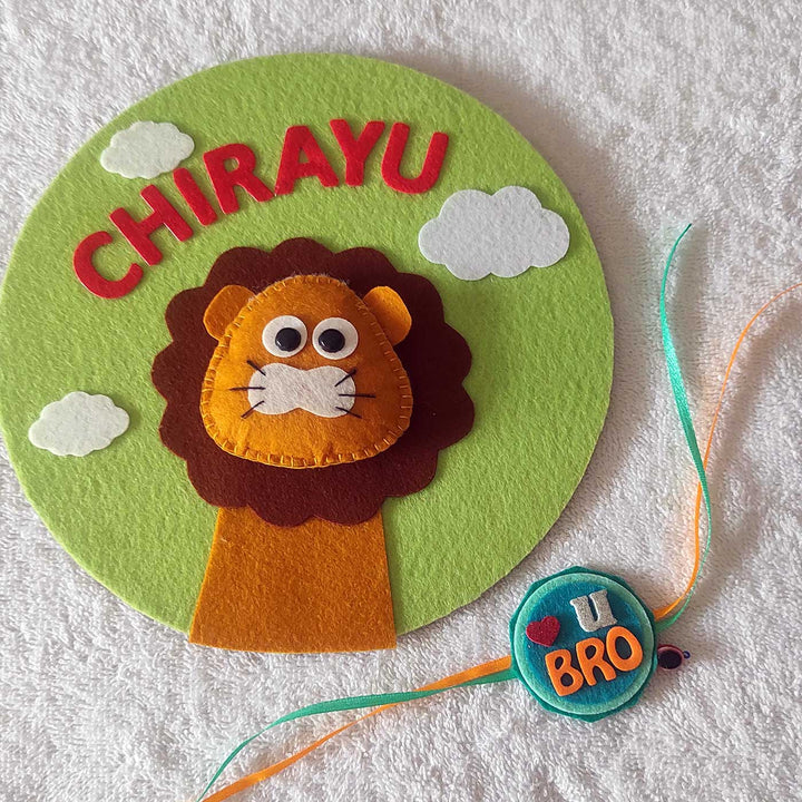 Personalized Handmade Lion Theme Felt Kids Rakhi & Name Plate Combo For Brother | Set of 2