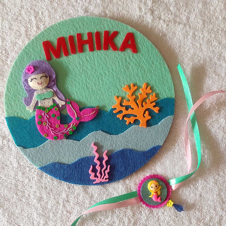 Personalized Handmade Mermaid Theme Felt Kids Rakhi & Name Plate Combo For Sisters | Set of 2