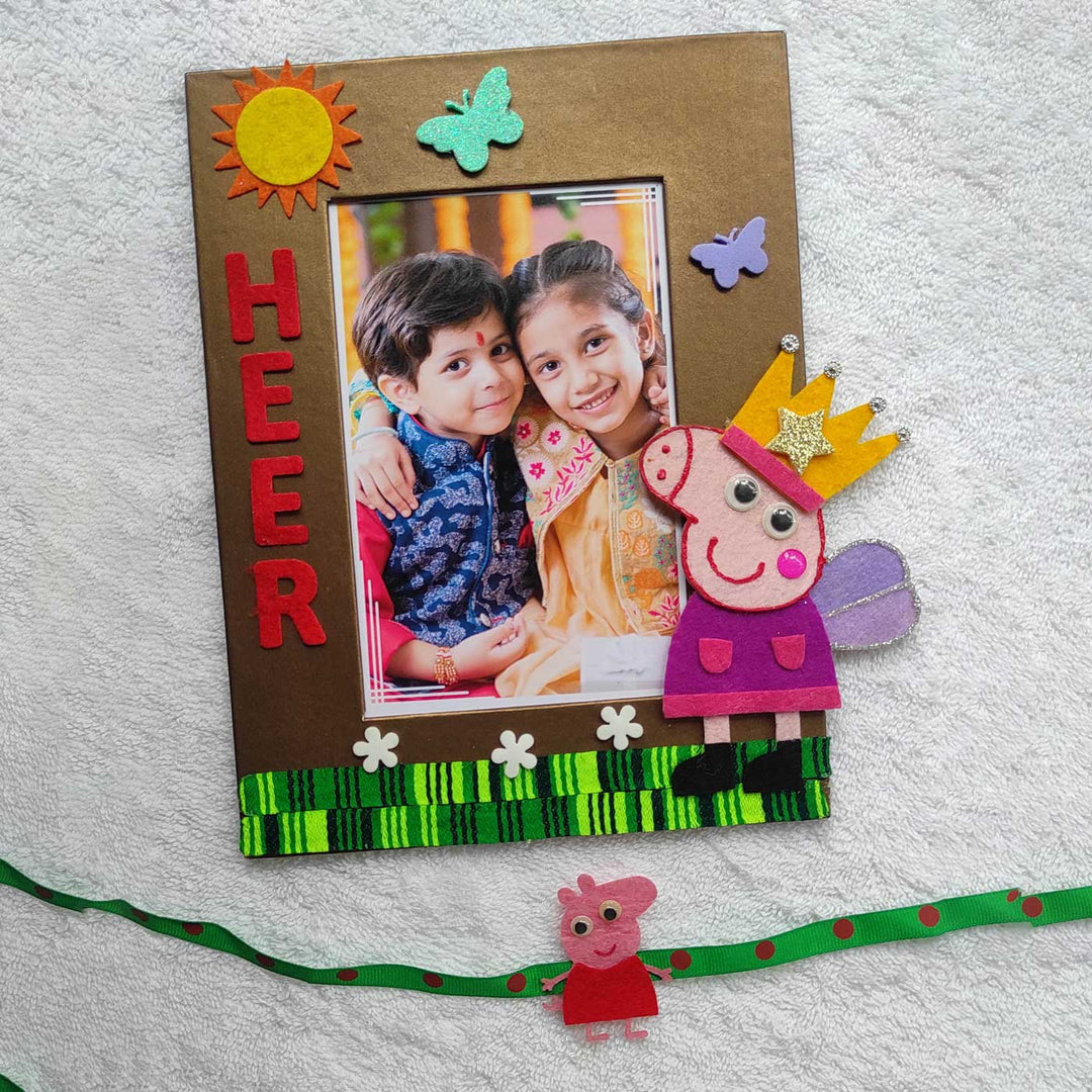 Personalized Handmade Peppa Pig Theme Felt Kids Rakhi & Photo Frame Combo For Kids | Set of 2