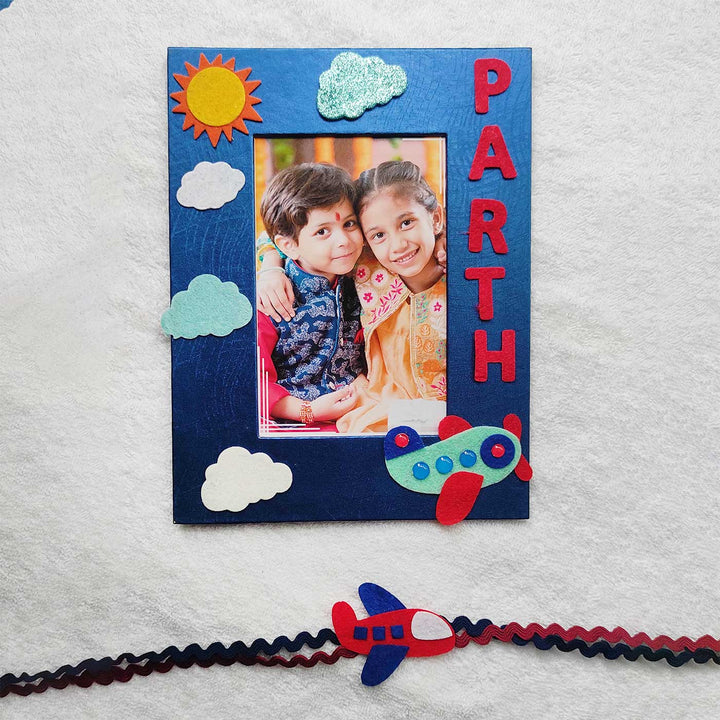 Personalized Handmade Aeroplane Theme Felt Kids Rakhi & Photo Frame Combo For Kids | Set of 2