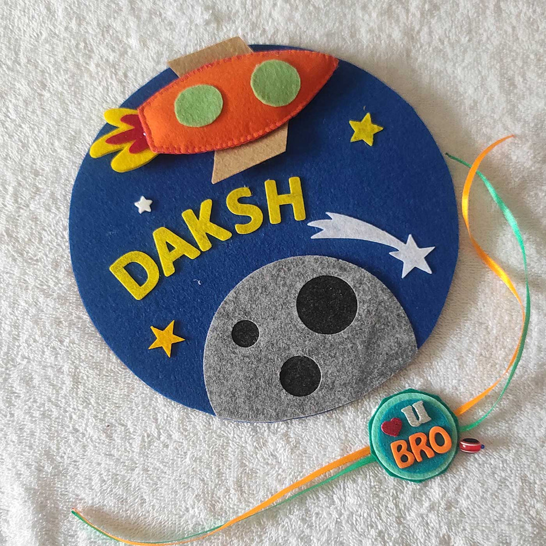 Personalized Handmade Space Theme Felt Kids Rakhi & Name Plate Combo For Brother | Set of 2