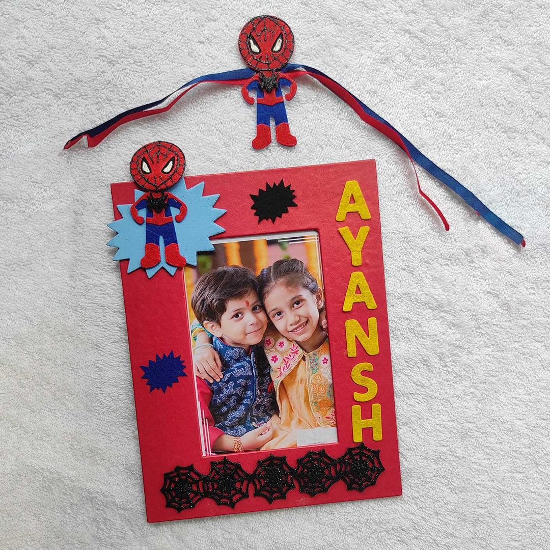 Personalized Handmade Spiderman Theme Felt Kids Rakhi & Photo Frame Combo For Brother | Set of 2