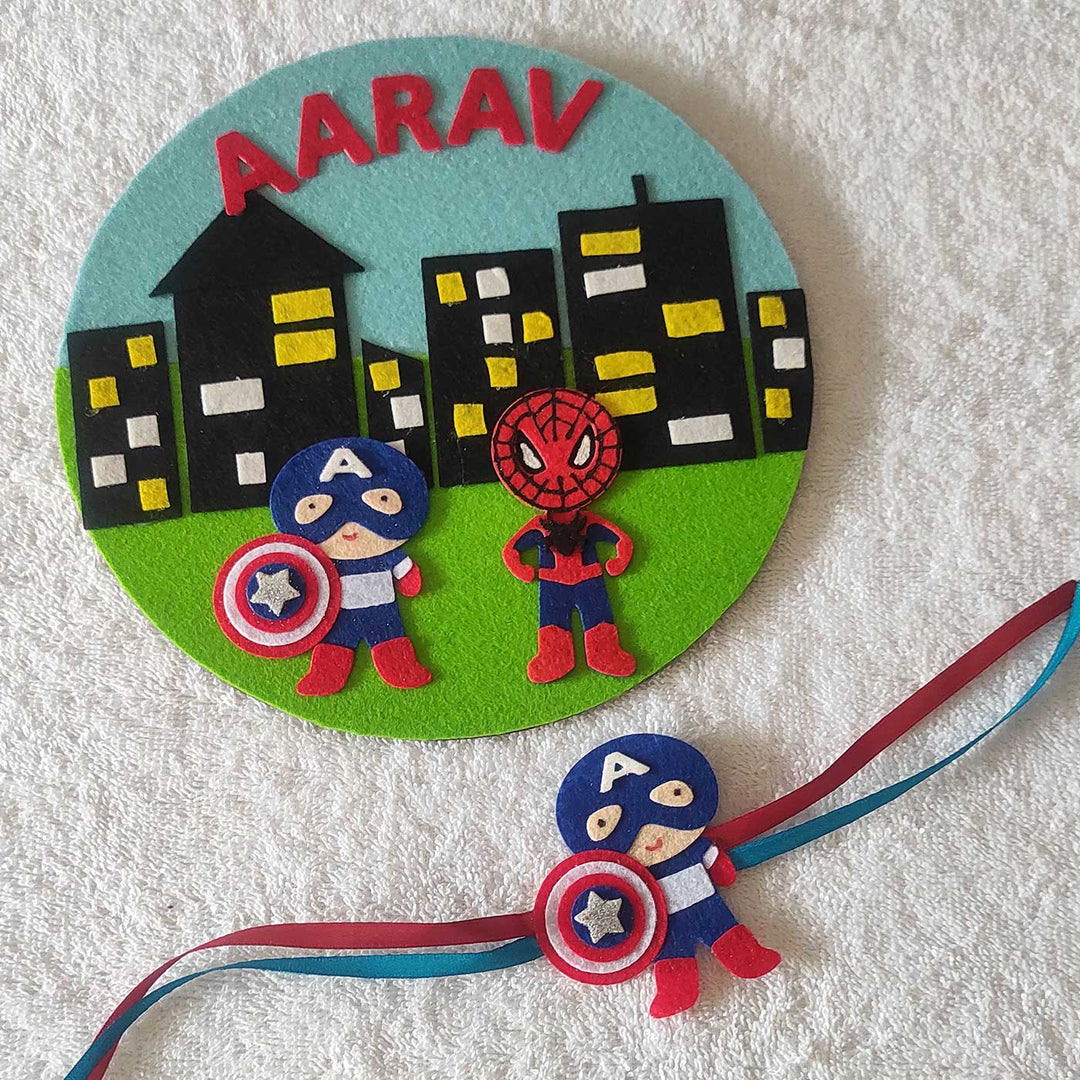 Personalized Handmade Superhero Theme Felt Kids Rakhi & Name Plate Combo For Brother | Set of 2