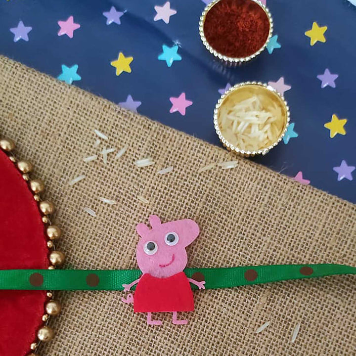 Personalized Handmade Peppa Pig Theme Felt Kids Rakhi & Photo Frame Combo For Kids | Set of 2