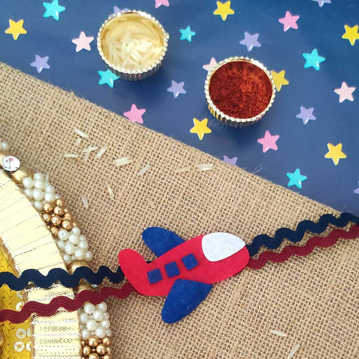 Personalized Handmade Aeroplane Theme Felt Kids Rakhi & Photo Frame Combo For Kids | Set of 2