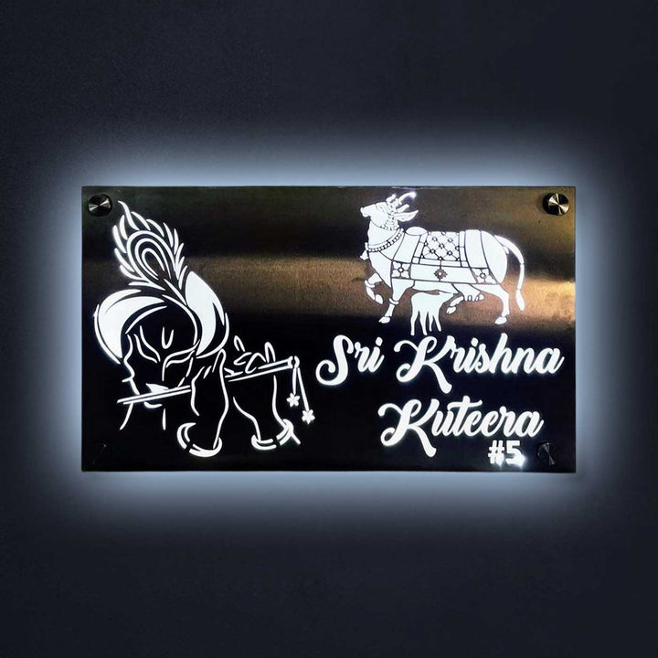 Personalized Waterproof Shree Krisha & Kamadhenu Theme Steel Name Plate