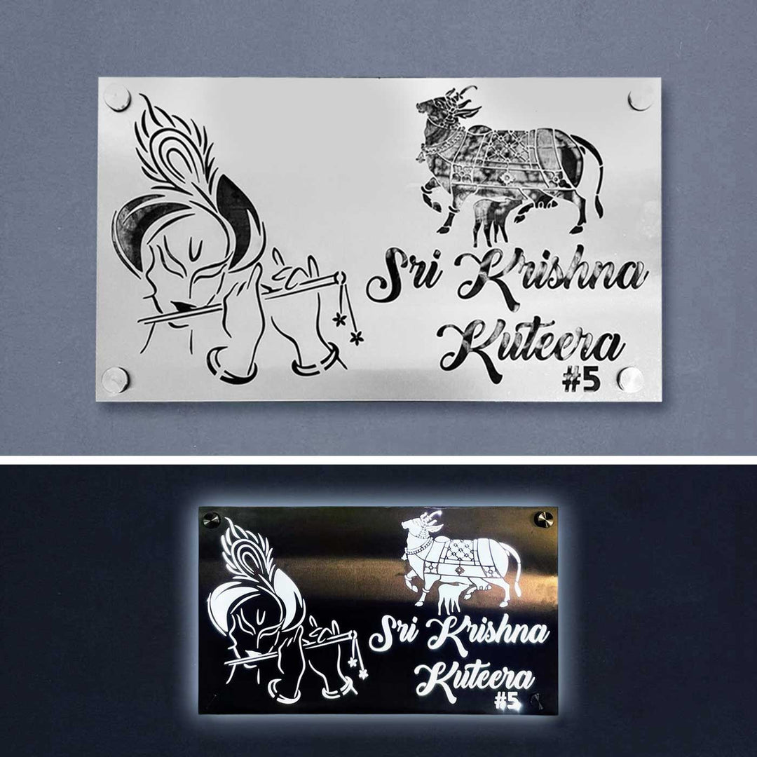 Personalized Waterproof Shree Krisha & Kamadhenu Theme Steel Name Plate