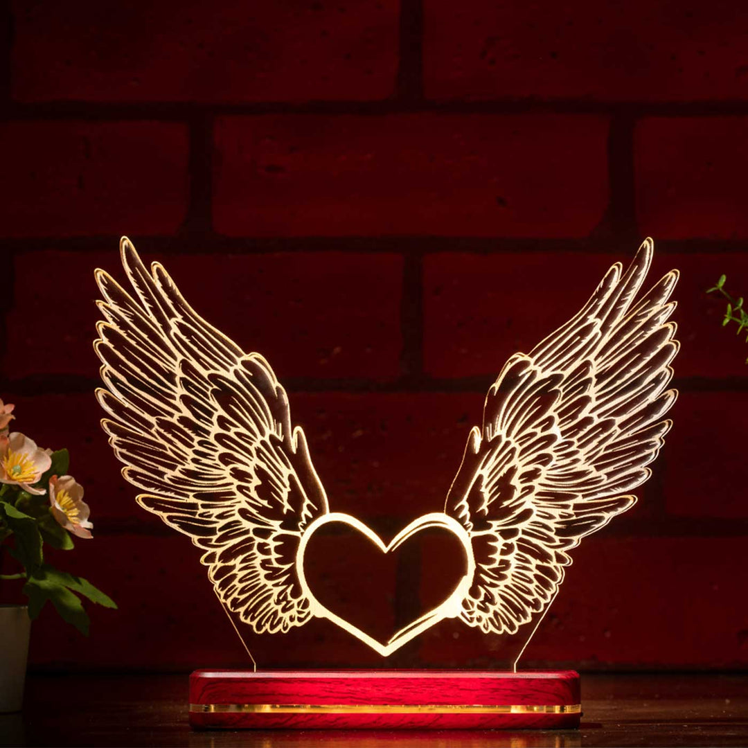 Personalized 3D Illusion Heart With Wings Acrylic Rechargeable LED Lamp