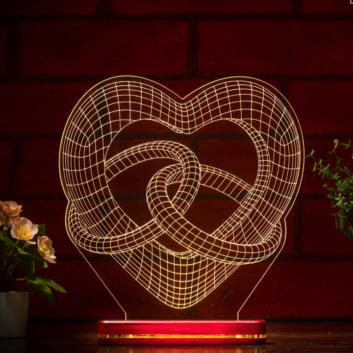 Handmade 3D Illusion Heart With Rings Acrylic Rechargeable LED Lamp