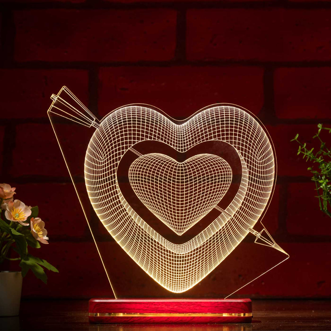 Handmade 3D Illusion Arrowed Heart Acrylic Rechargeable Led Lamp