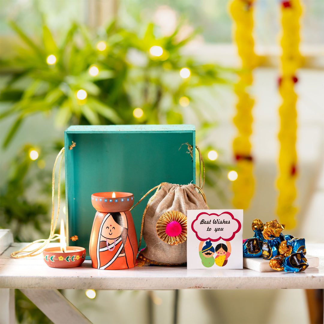 Handpainted Terracotta Tealight Holder & Diya Hamper