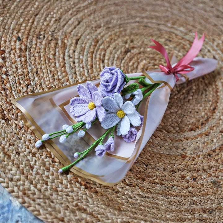 Handmade Crochet Lavender Cosmos & Rose Flower Bouquet