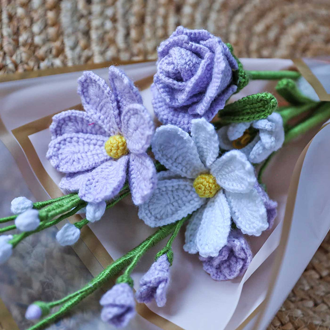 Handmade Crochet Lavender Cosmos & Rose Flower Bouquet