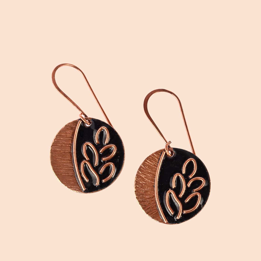 Hand Crafted Small Coal Copper Enamel Leaflet Earrings