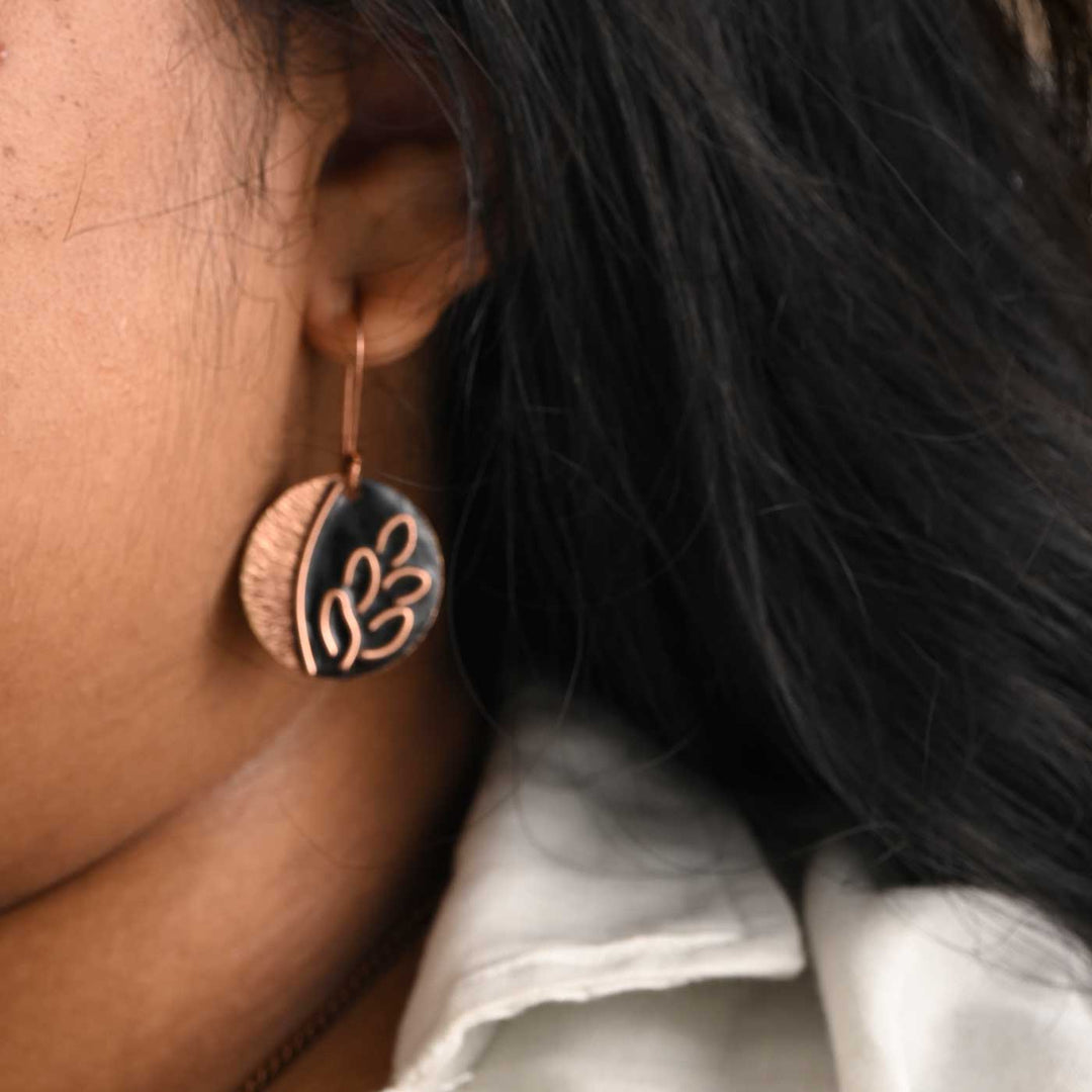 Hand Crafted Small Coal Copper Enamel Leaflet Earrings