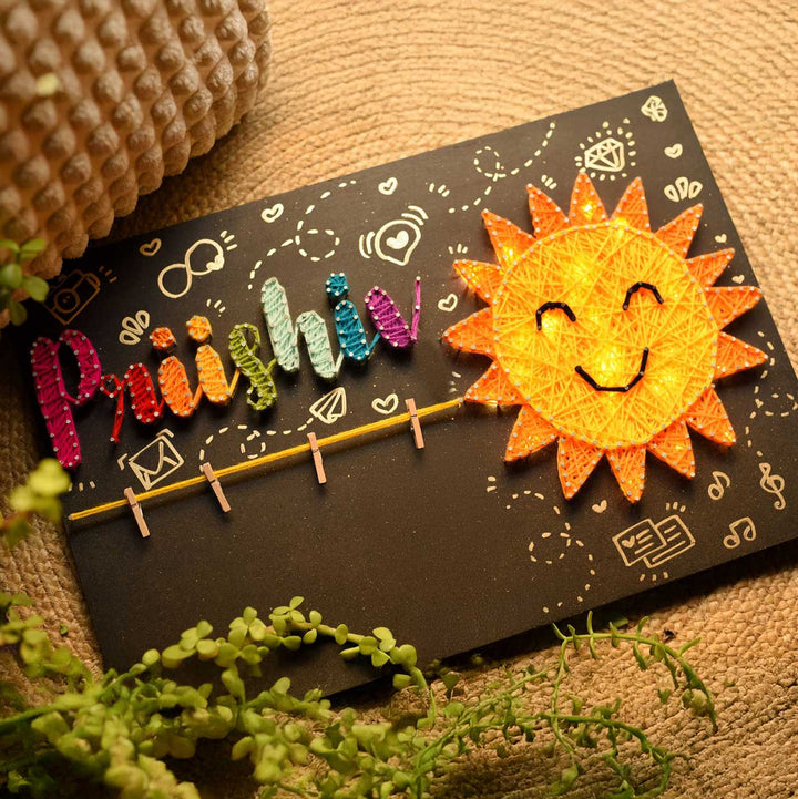 Personalized String Art Sun Theme MDF Wood Name Plate With Lights