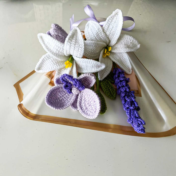 Handmade Crochet Lily & Orchid Flower Bouquet With Heart Keyring