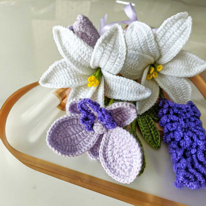 Handmade Crochet Lily & Orchid Flower Bouquet With Heart Keyring