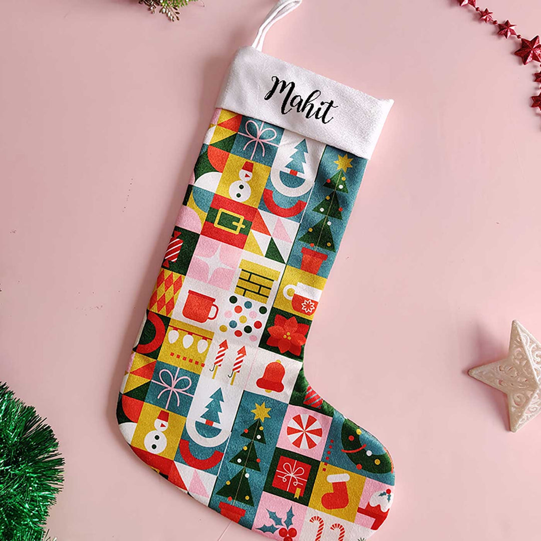 Printed Personalized Geometric Xmas Velvet Stocking For Christmas Decoration