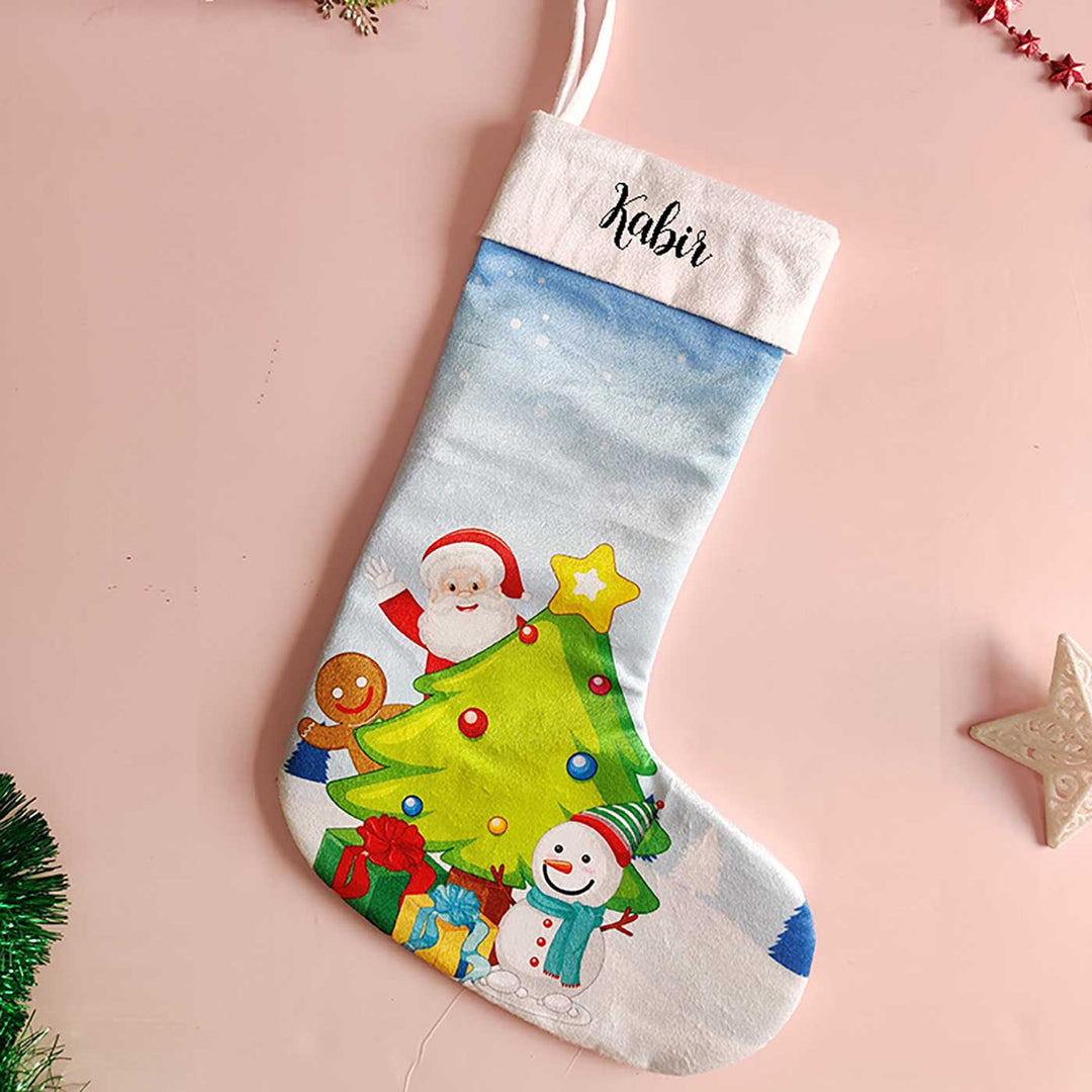 Printed Personalized Santa & Snowman Velvet Stocking For Christmas Decoration