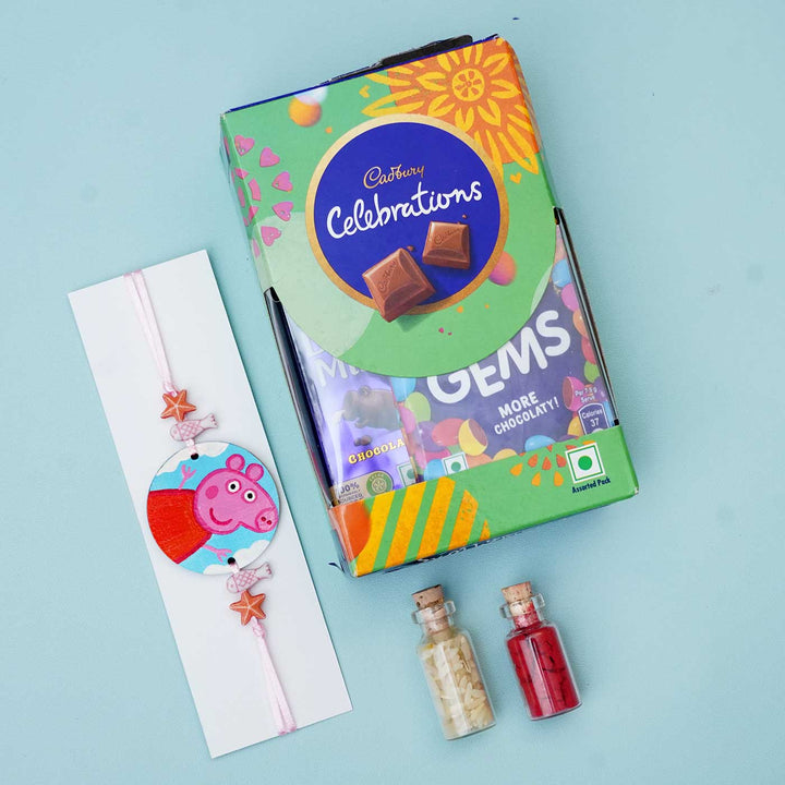 Hand-painted Peppa Pig Themed Kids Rakhi With Roli Chawal