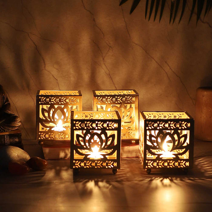 Handmade Lotus Etching Tealight Holder | Set of 4