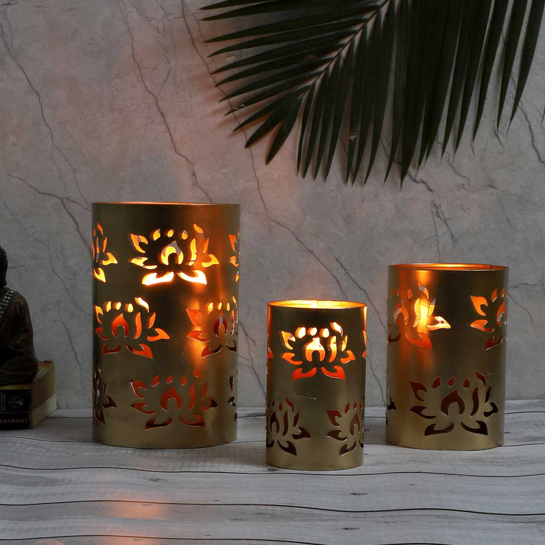 Handmade Lotus Etching Votive Tealight Holder | Set of 3