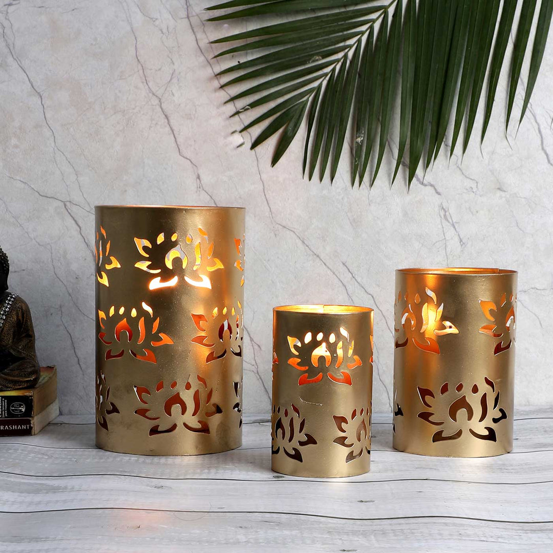 Handmade Lotus Etching Votive Tealight Holder | Set of 3