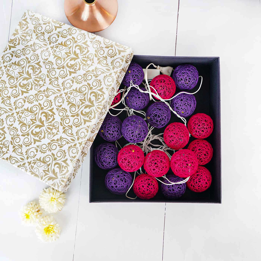 Handcrafted Yarn Spherical Fairy Light Hangings -  Pink & Purple