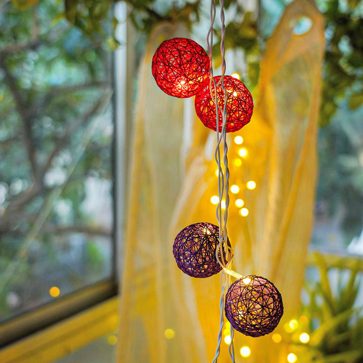 Handcrafted Yarn Spherical Fairy Light Hangings -  Pink & Purple