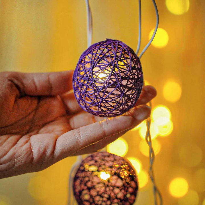 Handcrafted Yarn Spherical Fairy Light Hangings -  Pink & Purple