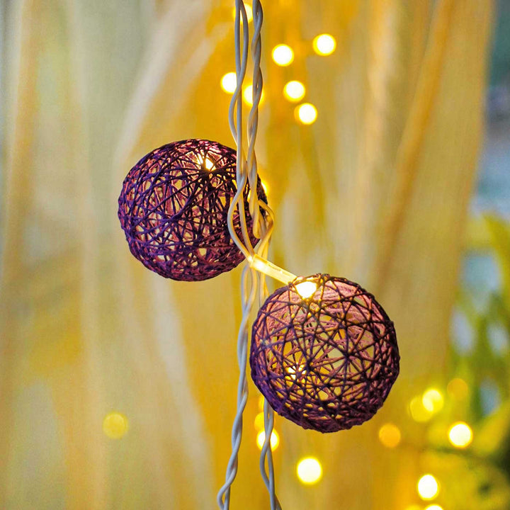 Handcrafted Yarn Spherical Fairy Light Hangings -  Pink & Purple