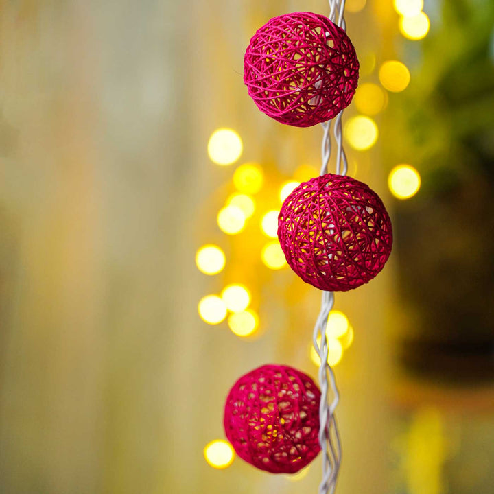 Handcrafted Yarn Spherical Fairy Light Hangings - Pink