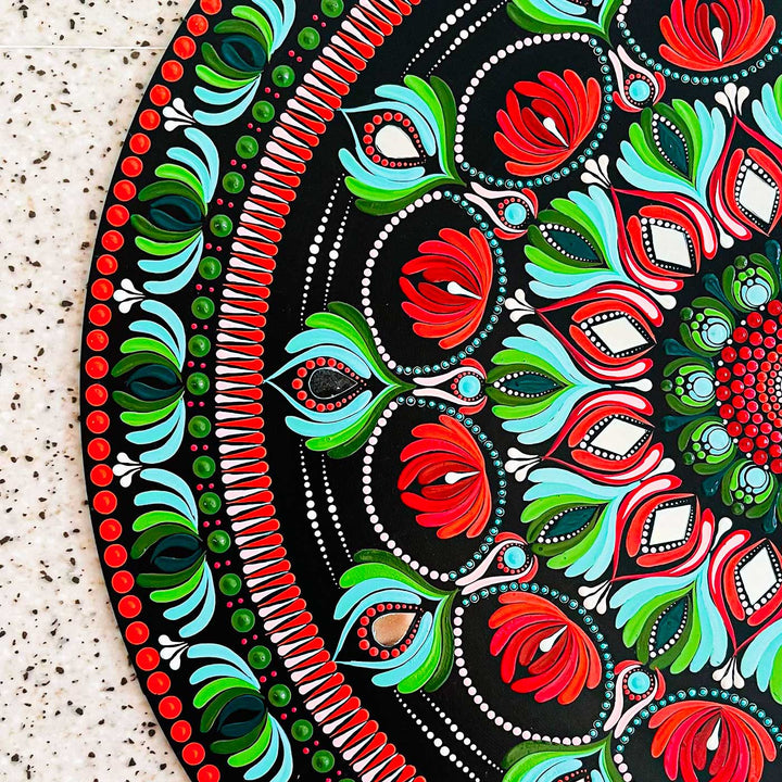 Hand-Painted Dot Mandala Red & Green Mdf Wood Wall Plate