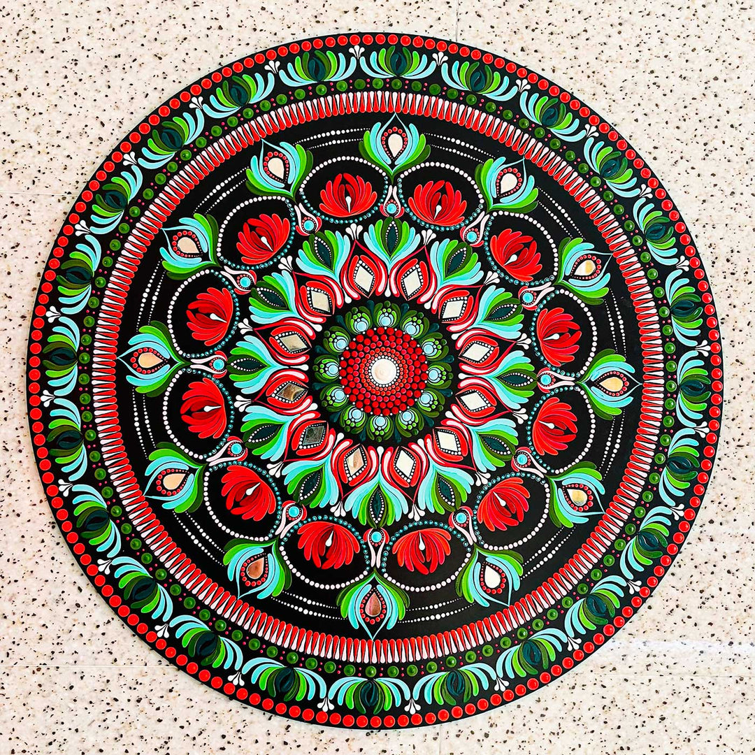 Hand-Painted Dot Mandala Red & Green Mdf Wood Wall Plate