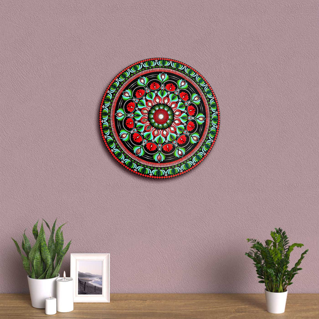 Hand-Painted Dot Mandala Red & Green Mdf Wood Wall Plate