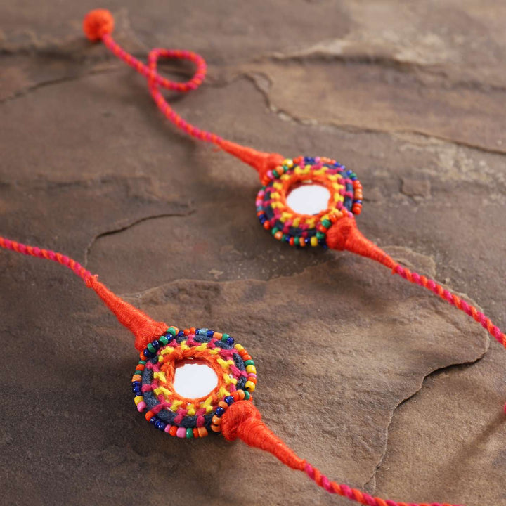 Handmade Mirror Work Rakhi With Roli Chawal | Set of 2