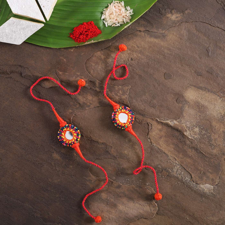 Handmade Mirror Work Rakhi With Roli Chawal | Set of 2