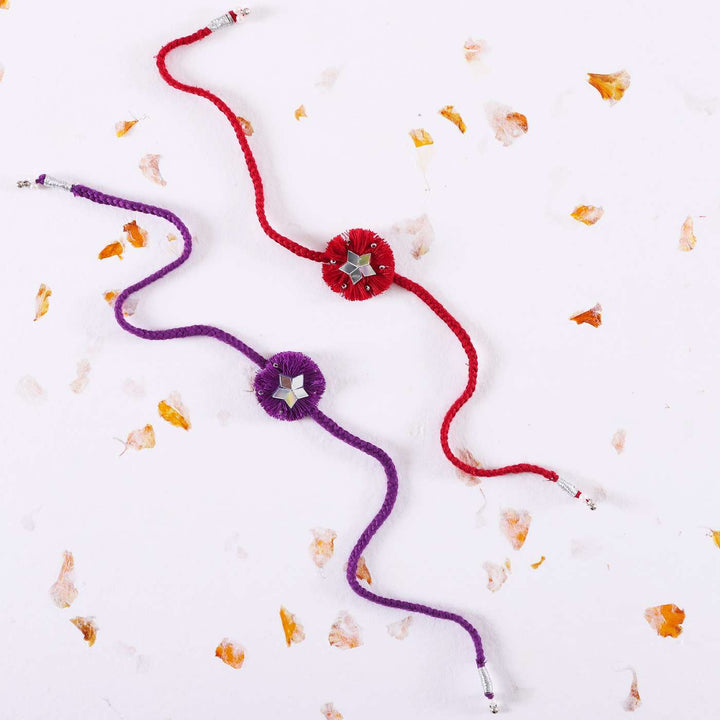 Handmade Mirror Work Floral Rakhi With Roli Chawal | Set of 2