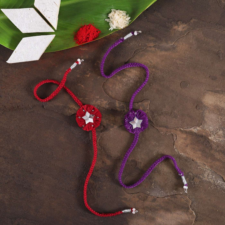 Handmade Mirror Work Floral Rakhi With Roli Chawal | Set of 2