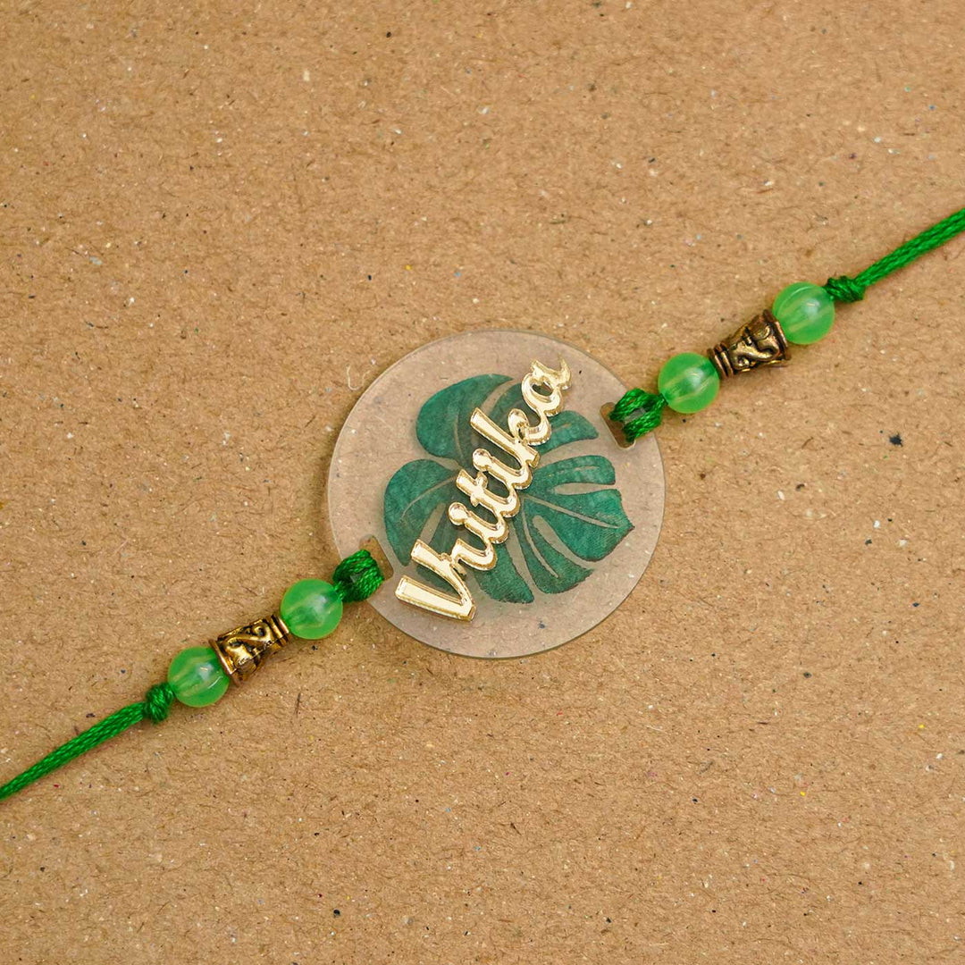 Personalized Handmade Leaf Acrylic Rakhi With Roli Chawal