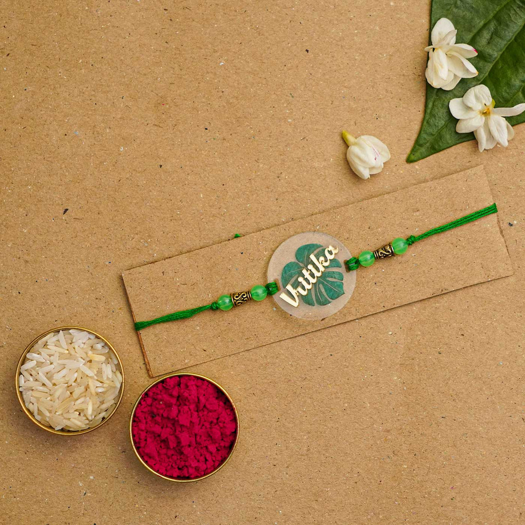 Personalized Handmade Leaf Acrylic Rakhi With Roli Chawal