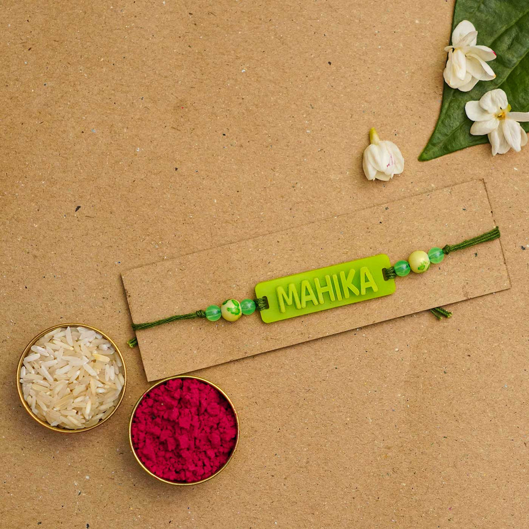 Personalized Handmade Neon Name Acrylic Rakhi With Roli Chawal