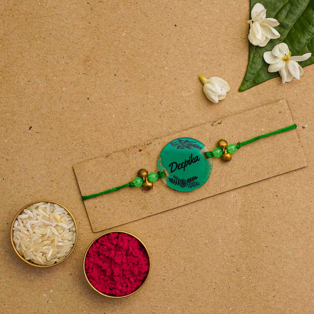 Personalized Hand-painted Name Acrylic Rakhi With Roli Chawal