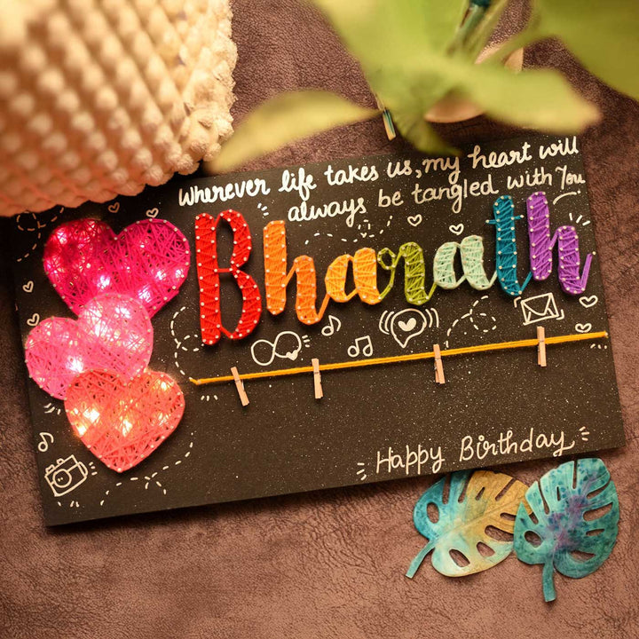 Personalized String Art Hearts Theme MDF Wood Name Plate With Lights